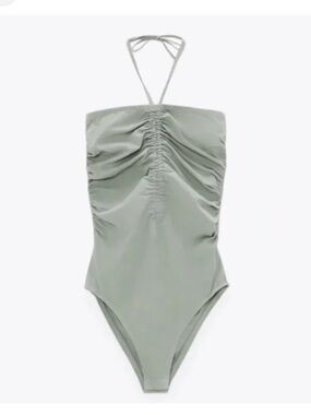 Zara Sage Green Ruched Strapless Bodysuit with Halter